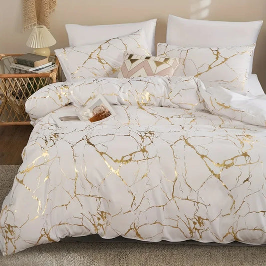 White & Gold Marble Duvet Cover Set – Modern Luxury Bedding Ensemble