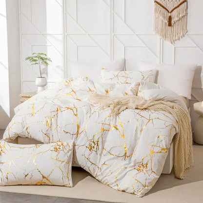 White & Gold Marble Duvet Cover Set – Modern Luxury Bedding Ensemble