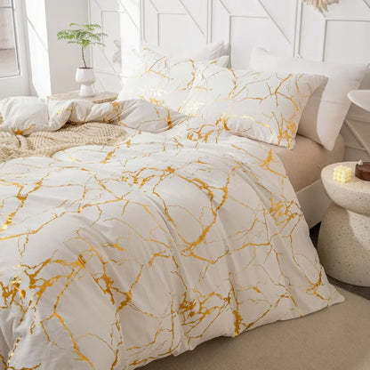 White & Gold Marble Duvet Cover Set – Modern Luxury Bedding Ensemble
