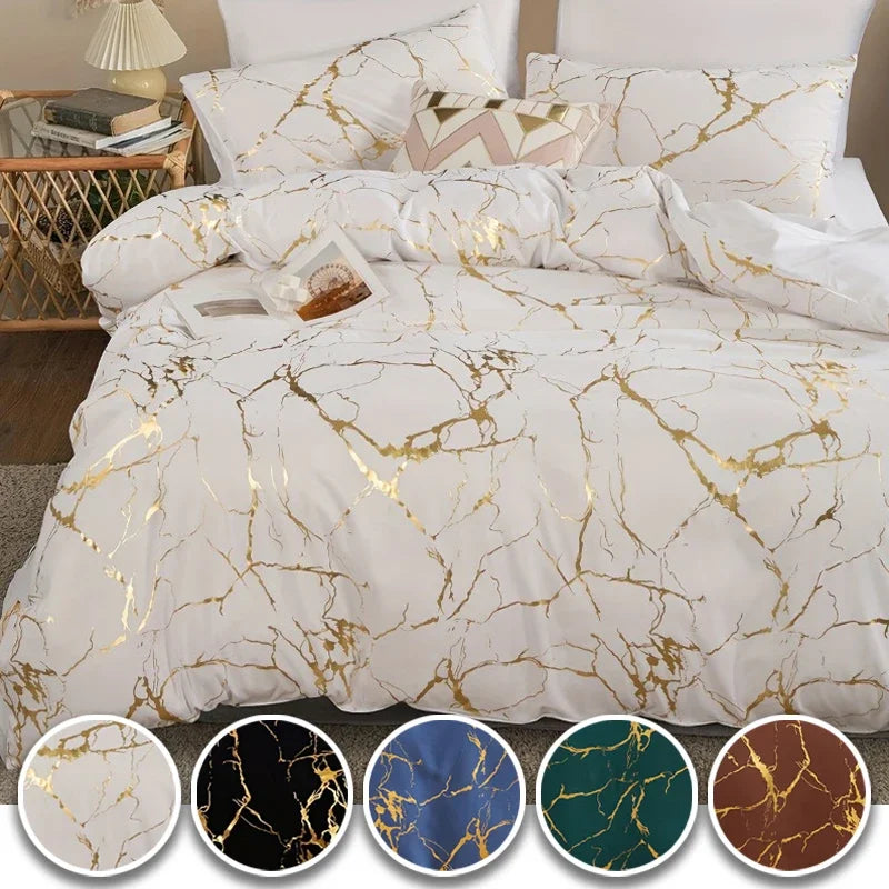 White & Gold Marble Duvet Cover Set – Modern Luxury Bedding Ensemble