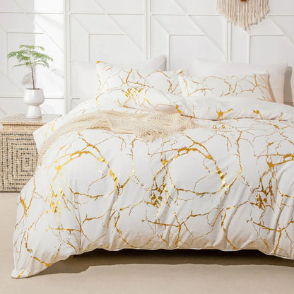 White & Gold Marble Duvet Cover Set – Modern Luxury Bedding Ensemble
