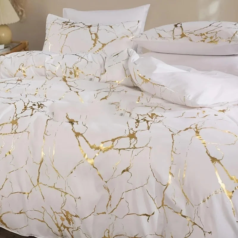 White & Gold Marble Duvet Cover Set – Modern Luxury Bedding Ensemble